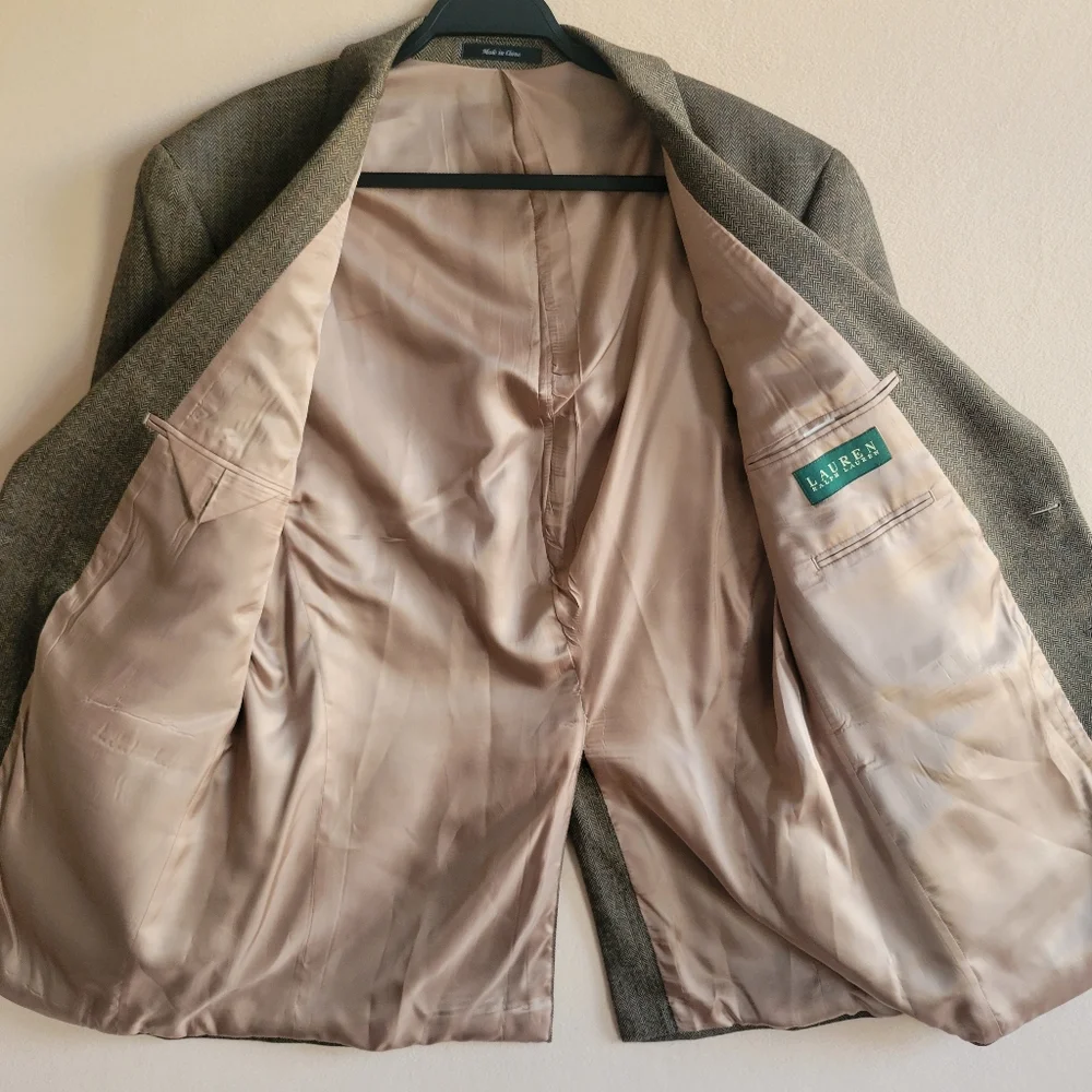 Lauren‎ Ralph Lauren Tweed Herringbone 100% Lambswool Brown Blazer Size 43L